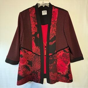 VTG R&M Richards Petite blouse with attached jacket detachable necklace red blk
